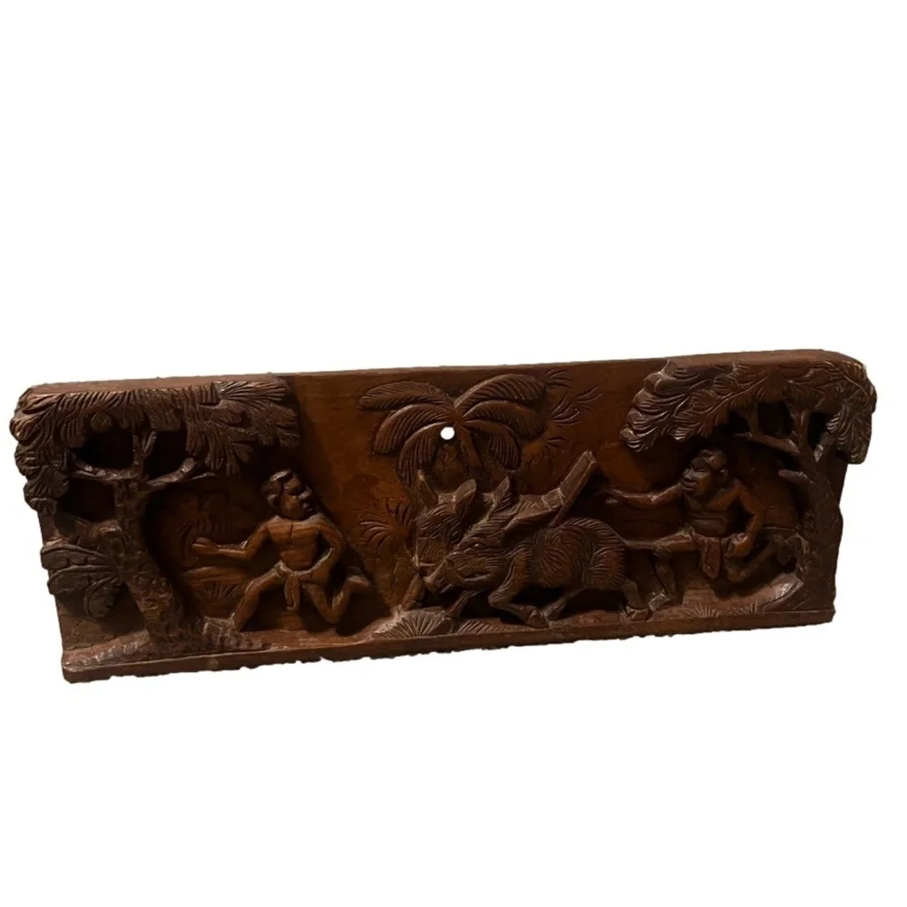 Vintage African Wooden Hand-carve Panel Wall Plaque Hunting Carving Wall Hanging